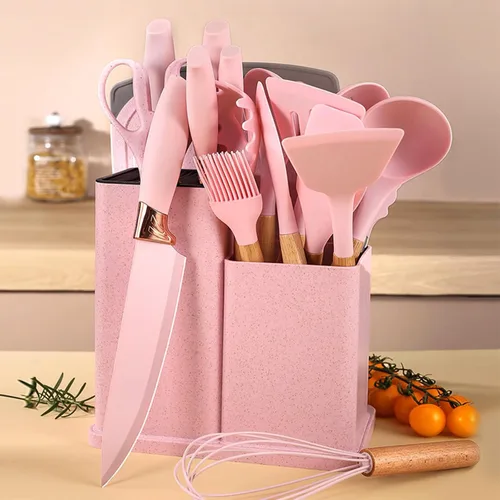 Miniatura 4 de Juego de cuchillos de cocina con bloque, juego de utensilios de cocina de silicona rosa de 19 piezas y juego de cuchillos de acero inoxidable