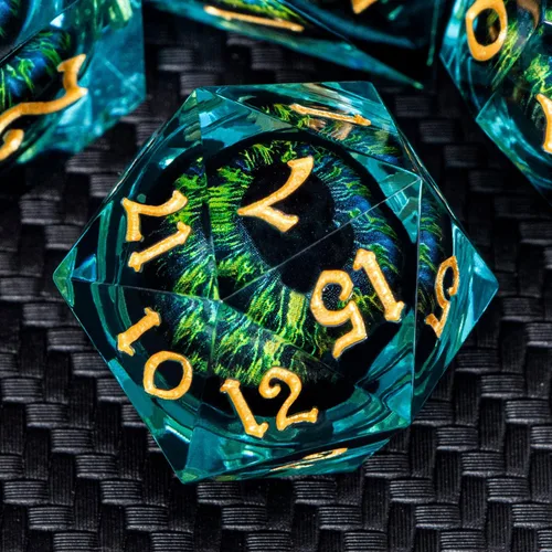 Miniatura 16 de ARUOHHA Juego de dados DND de núcleo líquido, 7 piezas de dados de resina azul afilados compatibles con juegos de rol D&D, juego de dados
