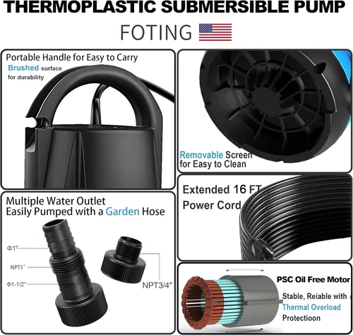 Miniatura 5 de FOTING Bomba de sumidero 1HP Bomba de agua sumergible limpia/sucia, 4600 GPH, bomba de agua termoplástica eléctrica de transferencia portátil