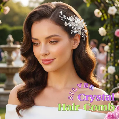 Miniatura 4 de JEAIRTS Peine de cristal para el cabello, accesorio para el cabello de boda, accesorio para el cabello para mujer 1-plateado