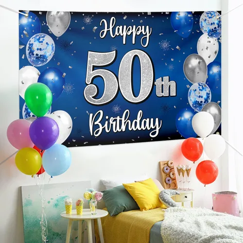 Miniatura 102 de Decoración de feliz cumpleaños 35, globo azul y plateado de 35 años, cartel grande de telón de fondo de cumpleaños, suministros para fiesta de 35th