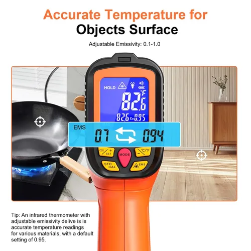 Miniatura 4 de Pistola de termómetro infrarrojo digital de -58°F a 2732°F, pistola de temperatura láser de relación de distancia 50:1 con medición y alarma