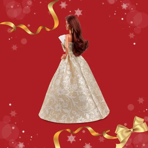 Miniatura 5 de Barbie Signature 2025 Muñeca de festividades de cabello castaño oscuro, con vestido plateado y dorado, coleccionable de temporada en embalaje