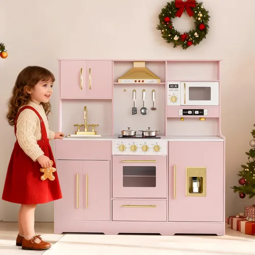 Miniatura 2 de Kinder King Cocina de madera para niños, juego de cocina de juguete para niños pequeños, juego de cocina con sonidos reales, máquina de café de Rosa