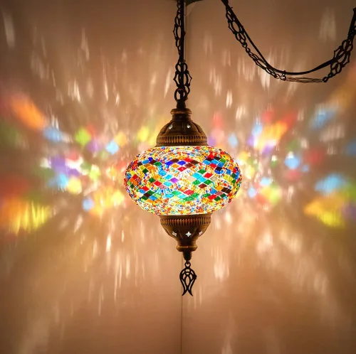Miniatura 7 de DEMMEX Lámpara Colgante de Techo Enchufable de Mosaico Turco Marroquí – Luminaria Tipo Swag con Cable de 15 pies y Cadena, Vidrio Artesanal