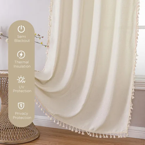 Miniatura 6 de Joydeco Cortinas Bohemias Beige de 63 Pulgadas de Largo 2 Paneles, Cortinas de Granja Bohemias Súper Suaves con Borlas, Cortinas Semitransparentes