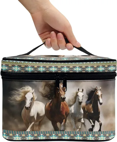 Miniatura 3 de Flashideas Bolsa de maquillaje para cosméticos Almacenamiento vertical Bolsa de maquillaje de viaje de gran capacidad, Caballo Azteca 1