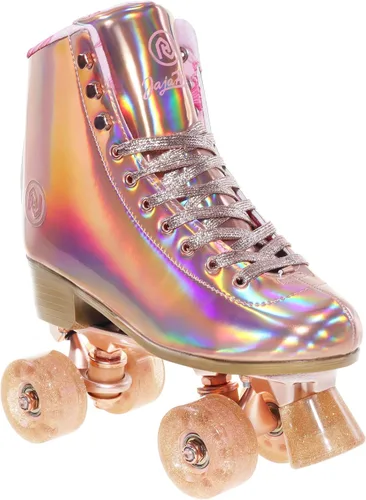 Miniatura 9 de JajaHoho Patines de ruedas para mujer, patines de cuero PU holográficos de alta calidad, patines brillantes de doble fila con cuatro ruedas para Oro