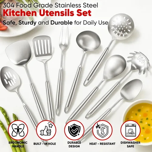Miniatura 4 de Newness - Juego de utensilios de cocina de acero inoxidable 304, accesorios de cocina de metal, incluye cucharón de sopa, cuchara ranurada, cuchara