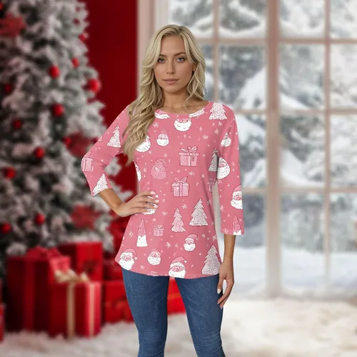 Miniatura 28 de Camisetas de manga 3/4 para mujer, cuello redondo, holgadas, casuales, con estampado floral, camisetas de moda para el trabajo de negocios