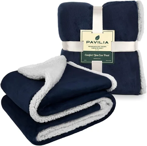 Miniatura 9 de PAVILIA Manta Throw de Vellón Sherpa para Sofá, Tamaño Twin, Azul Marino, Manta de Felpa Suave y Esponjosa para Sofá, Manta de Invierno Reversible