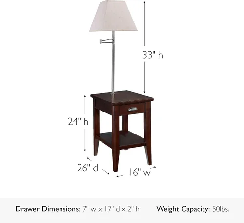 Miniatura 3 de Leick Home Laurent 10537 - Mesa auxiliar con lámpara, madera maciza, con cajón y estante, cereza chocolate