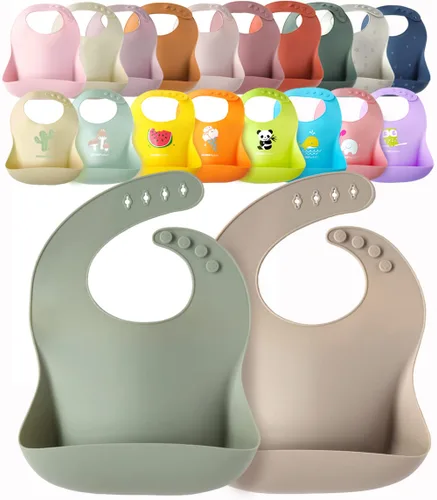 Miniatura 10 de Paquete de 2 baberos de silicona impermeables para bebé, ligeros, cómodos, fáciles de limpiar (rosa claro/morado, pequeño)