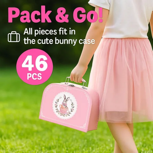 Miniatura 5 de Lajeje Juego de fiesta de té para niñas – Regalo de cumpleaños de princesa pequeña, juguetes de conejito para la hora del té con tetera, postres