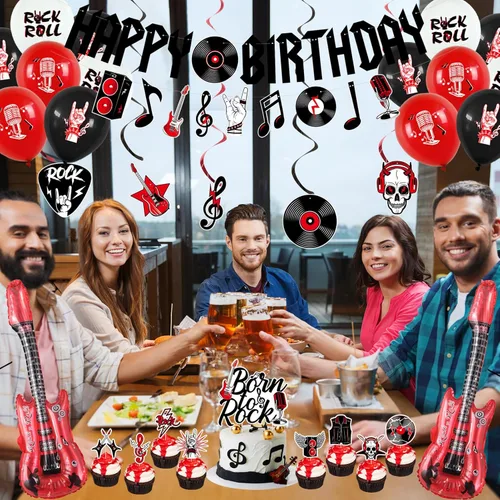 Miniatura 5 de Crenics Decoraciones de Fiesta de Cumpleaños de Rock and Roll - Pancarta de Feliz Cumpleaños, Remolinos Colgantes, Adornos para Pasteles y Globos