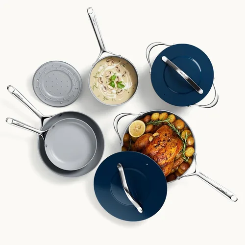 Miniatura 9 de CookinCraze Juego de 8 ollas y sartenes antiadherentes de cerámica con tapa, sin PFAS, no tóxicos, compatible con inducción, apto para horno, Azul