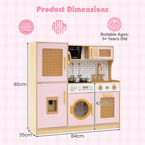 Miniatura 7 de Costzon Juego de cocina para niños, juguete Montessori de madera para niños pequeños con puerta de ratán, luz y sonido, dispensador de agua, Ratán