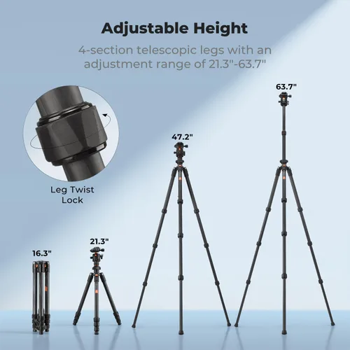 Miniatura 5 de K&F CONCEPT 64" Trípode de cámara de fibra de carbono, trípode de viaje ligero con cabeza de bola metálica de 36mm, capacidad de carga 17.6lbs