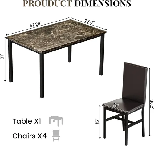 Miniatura 2 de Conjunto de mesa de comedor Lamerge para 4, mesa de mármol sintético y 4 sillas de cuero PU, mesa y sillas de cocina para 4, conjuntos modernos