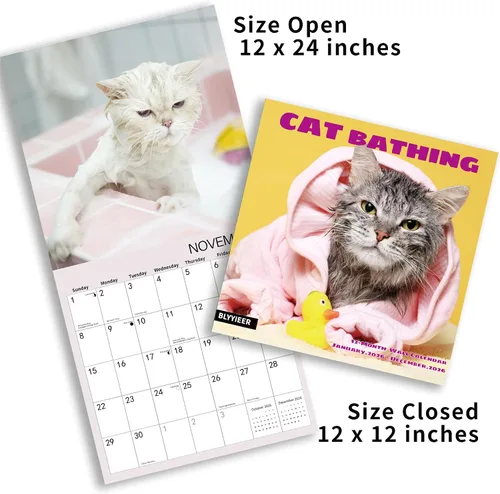 Miniatura 5 de Calendario de pared 2026, calendario de gatos 2026, calendario mensual de pared de baño de gatos, 12 x 24 pulgadas abierto, planificador familiar