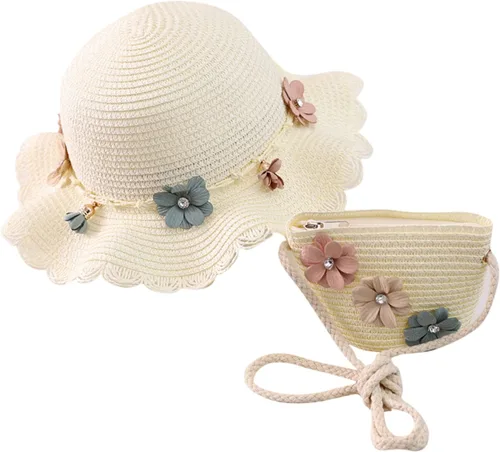 Miniatura 9 de Sombrero de paja para bebé niña + bolsa de playa para niñas, sombrero de paja para niños, sombrero, sombrero de flores para niños