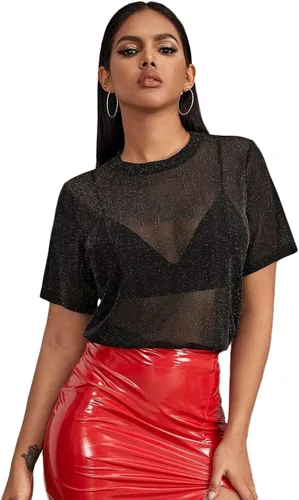 MakeMeChic Blusa de verano de manga corta para mujer con malla transparente y sexy