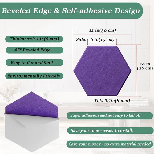 Miniatura 4 de Paneles acústicos hexagonales, paquete de 12 paneles de absorción de sonido de alta densidad de 12 x 10 x 0.4 pulgadas para mejorar la reducción