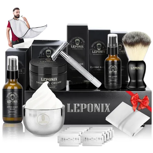 Kit de afeitado para hombres - Set de regalo de amigo secreto, incluye afeitadora de seguridad, crema de afeitar de sándalo, aftershave, aceite