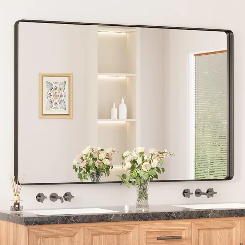 Miniatura 34 de Keonjinn Espejos de baño negros para sobre el fregadero, espejos cuadrados grandes de 36 x 36 pulgadas para pared, espejo rectangular redondeado
