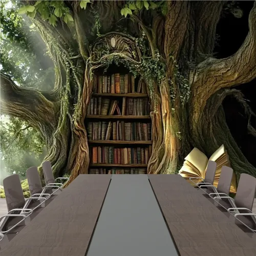 Miniatura 4 de Murales modernos para papel pintado 3D petrificado árbol arroyo ambiente antiguo oculto estantería abierta libro abierto despegar y pegar