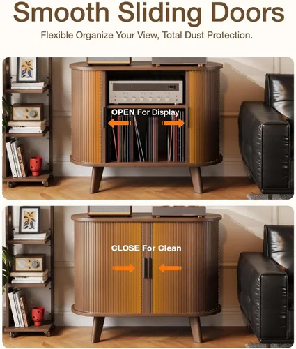Miniatura 2 de Soporte para tocadiscos, mueble moderno de mediados de siglo con puertas correderas, gabinete de estantería de audio-video, soporte de medios