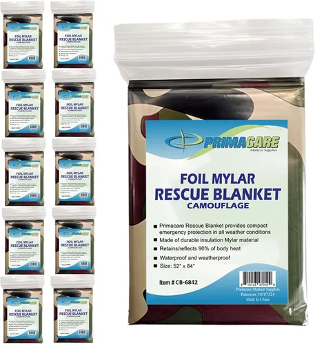 Primacare CB-6842-10 - Paquete de 10 mantas térmicas de Mylar de emergencia, 84"x52" mantas espaciales impermeables, para supervivencia, primeros