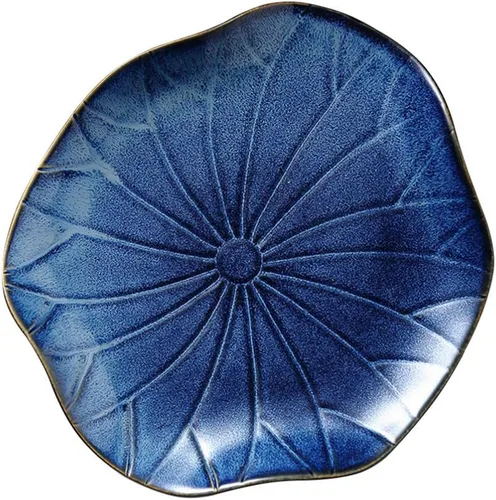 UPKOCH Plato de cerámica decorativo Folio Nelumbinis Bandeja de servir Plato de porcelana Fruta Postre Almuerzo Pasta Plato de comidas (azul)