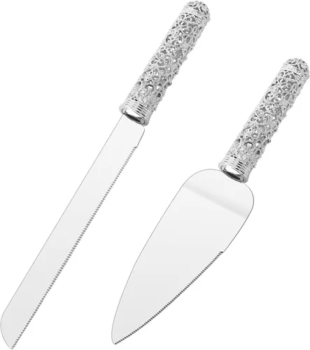 Miniatura 2 de Juego de cuchillo y servidor de plata para boda, juego de 2 piezas de postre con mango de metal con piedras de cristal para decoración de bodas