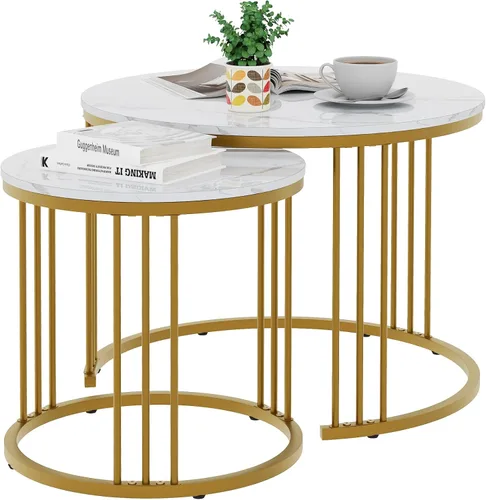 Miniatura 15 de Garden 4 you Mesa de centro anidable, mesa auxiliar redonda de 23.6 pulgadas, juego de 2, mesa anidable de madera con marco de metal, mesas Ceter