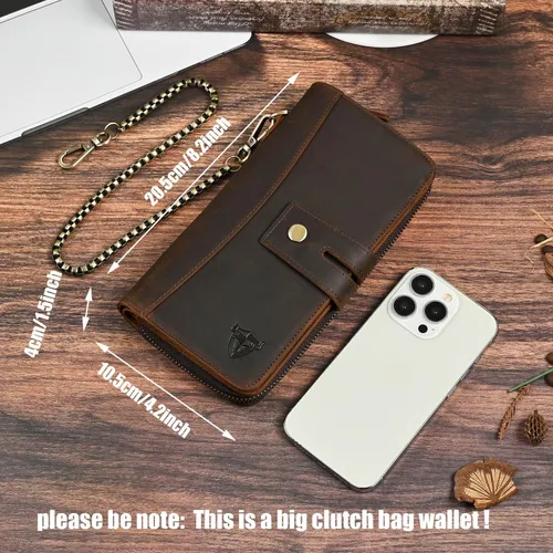 Miniatura 23 de Genuino Caballo Loco Cuero Regalo de Viaje Moneda Bolsillo Tarjetero Organizador Largo Cadena Rfid Cartera Monedero Con Broche Para Hombres Hombres