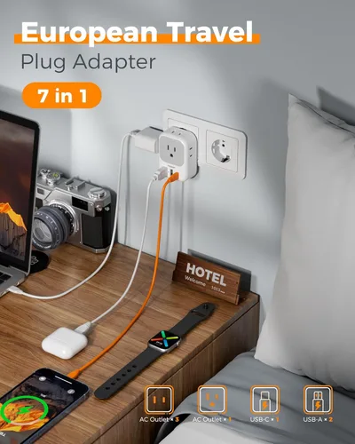 Miniatura 4 de Adaptador de enchufe de viaje europeo USB C, adaptador de enchufe internacional TESSAN con 4 salidas de CA, 3 puertos de carga USB, adaptador