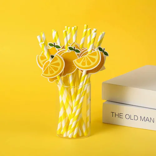Miniatura 4 de Pajitas de papel biodegradables de limón, pajitas decorativas a rayas para fiesta de cumpleaños de limón, juego de 20.