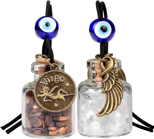 Miniatura 13 de Zodiac Birthstone Car Charms for Rearview Mirror Hanging - Two Gemstone Good Luck Bottles with Evil Eye Protection Bead and Guardian Angel Wing