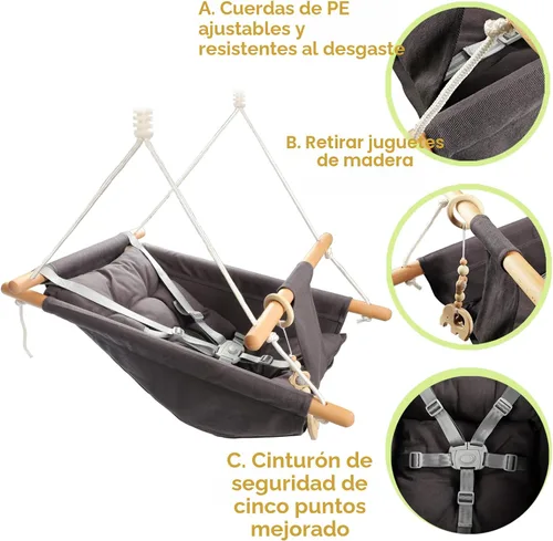 Miniatura 3 de Columpio para bebé al aire libre e interior para bebés y niños pequeños, columpio portátil ajustable para porche con cinturón de seguridad de 5 Gris
