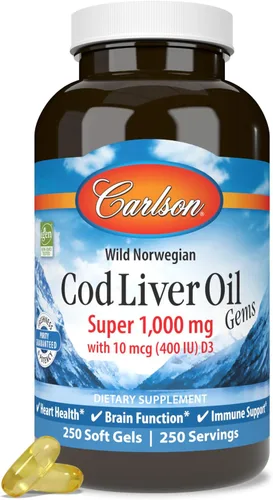 Carlson - Gemas de Aceite de Hígado de Bacalao, Súper 1000 mg, 250 mg Omega-3, 400 UI (10 mcg) de Vitamina D3, Aceite de Hígado de Bacalao Noruego