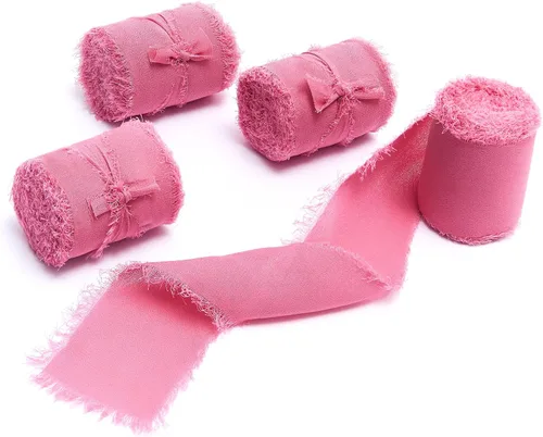 Miniatura 25 de 4 rollos de cinta de gasa de gasa con flecos de 1 pulgadas de ancho x 5 yardas, color rojo óxido, bordes deshilachados para invitaciones de boda