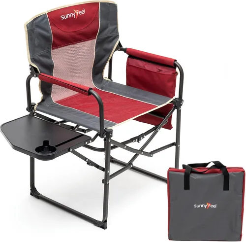 SUNNYFEEL Silla de directores de camping, resistente, silla plegable portátil de gran tamaño con mesa auxiliar, bolsillo para playa, pesca, viaje,