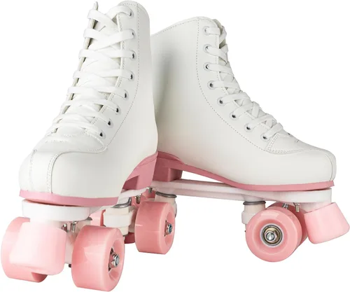 Miniatura 9 de YYW Patines de ruedas para mujeres y niñas, patines de derby de luces, patines de cuero sintético de doble fila, patines negros y rosas