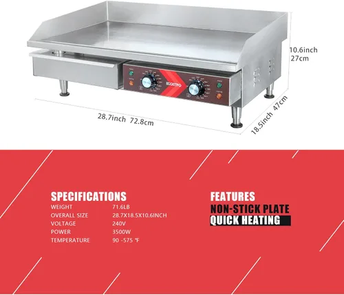 Miniatura 6 de EGGKITPO Plancha eléctrica comercial de 29 pulgadas, parrilla grande para encimera, 240 V, 3500 W, antiadherente, parrilla Teppanyaki de acero