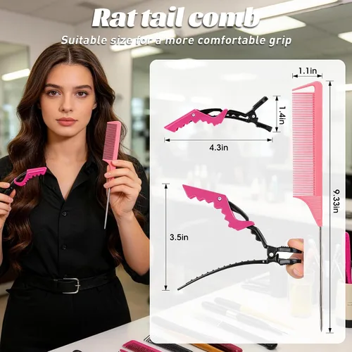 Miniatura 4 de Peines de cola de rata y separación con clips de peinado: 3 peines de metal para trenzas, 7 pinzas profesionales para seccionamiento