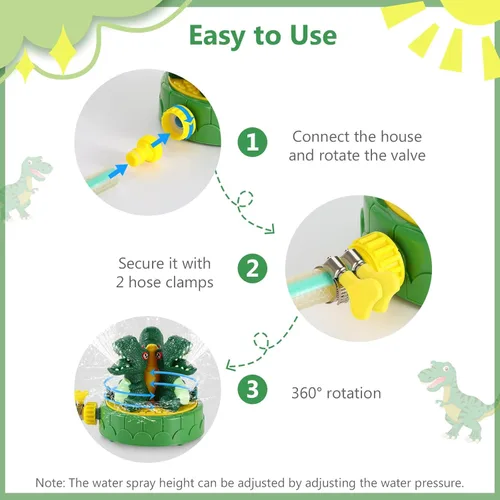 Miniatura 5 de MoKo Aspersor de dinosaurio para niños, bonito juguete de agua para exteriores, juguete de piscina con 2 abrazaderas de manguera, 3 boquillas