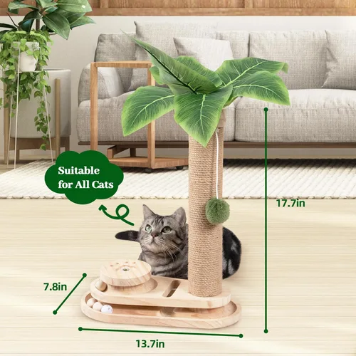 Miniatura 3 de Meowoou Rascador para gatos con juguete interactivo con bola colgante para gatitos de interior, base de 2 capas, pista de bola de madera, poste