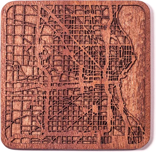 Miniatura 5 de Posavasos Amsterdam Map by O3 Design Studio, 1 pieza, posavasos de madera Sapele con mapa de la ciudad, hecho a mano, varias ciudades opcionales