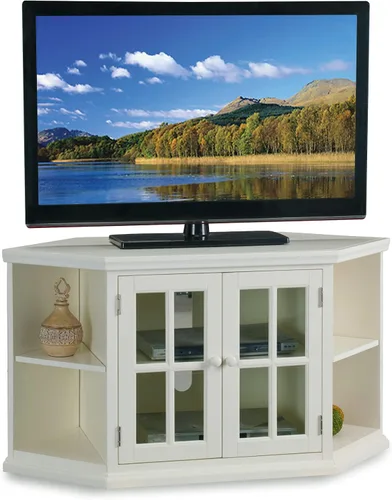 Miniatura 20 de Leick Home 80385 Soporte de TV de esquina de tres puertas de vidrio con plomo con almacenamiento cerrado para televisores de 50 pulgadas, roble